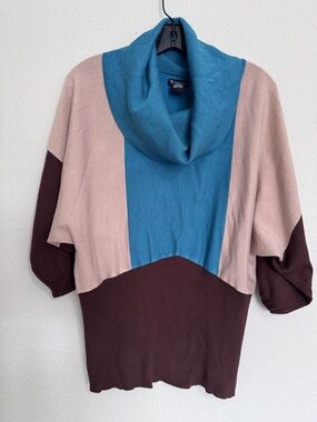 ND New Directions Womens Sweater Top XL Teal Turquoise Beige Brown Turtleneck